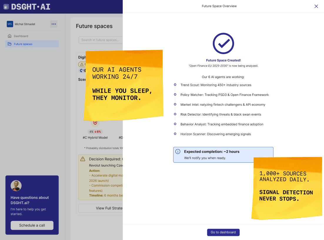 DSGHT.ai platform interface showing AI agents monitoring and scenario analysis
